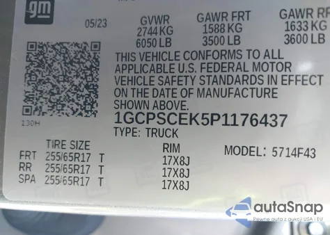 2023 Chevrolet Colorado z USA, uszkodzony, nr VIN 1GCPSCEK5P1176437